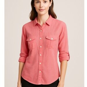 J.Crew The Perfect Shirt Womens Medium Coral‎ Pink Roll Tab Sleeve Button Down